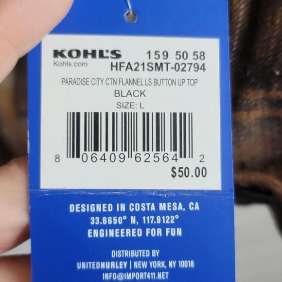 HURLEY PARADISE CITY COTTON FLANNEL BUTTON UP IN BLACK/BROWN PLAID, SZ LARGE - Picture 9 of 15